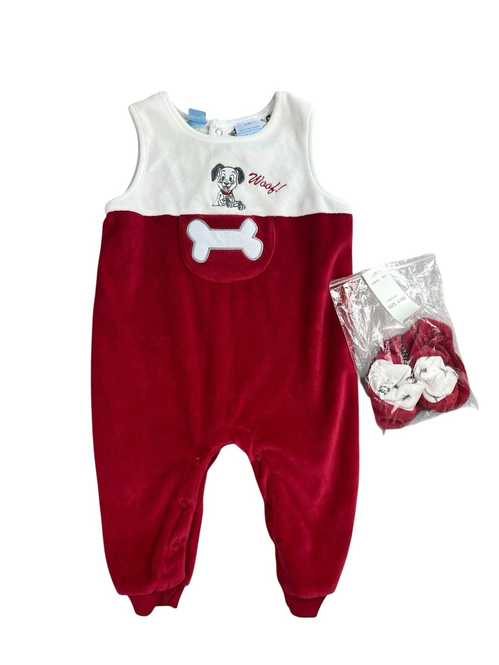 Disney‎ Vintage 101 Dalmatians Red Velour Romper Booties Socks NWT 6-9 Months